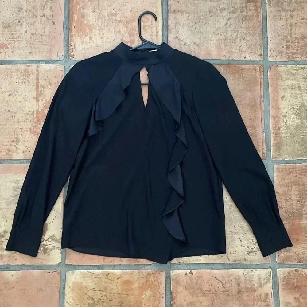 PARKER ✨ Long Sleeve Ruffle Button Up Blouse Black Size XS
